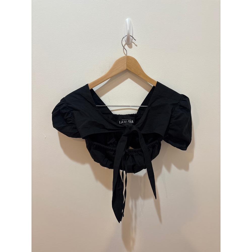 I.AM.GIA Black Puff Sleeve Tie Back Cut Out Crop Top XS Sweetheart Neckline